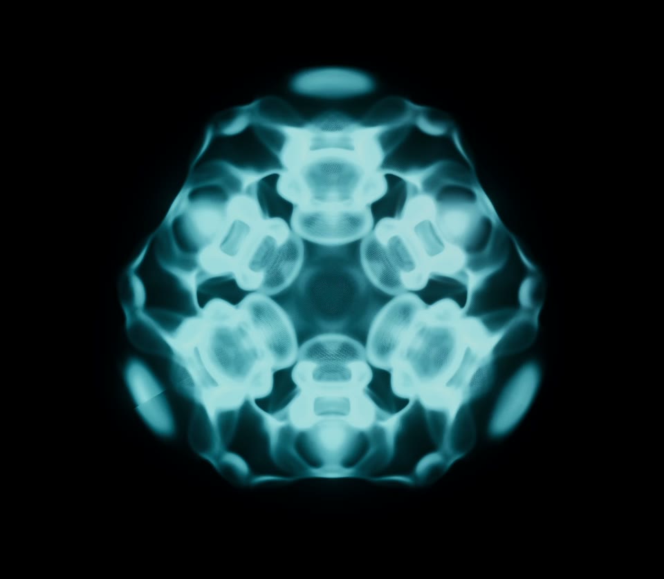 A luminous cyan cymatic form rendered by Baryon